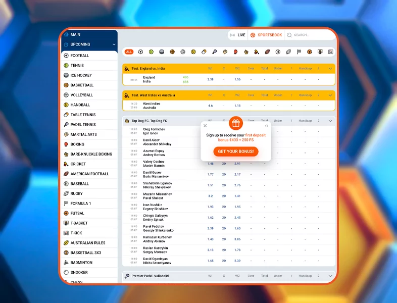 Selection of the betting market on the site